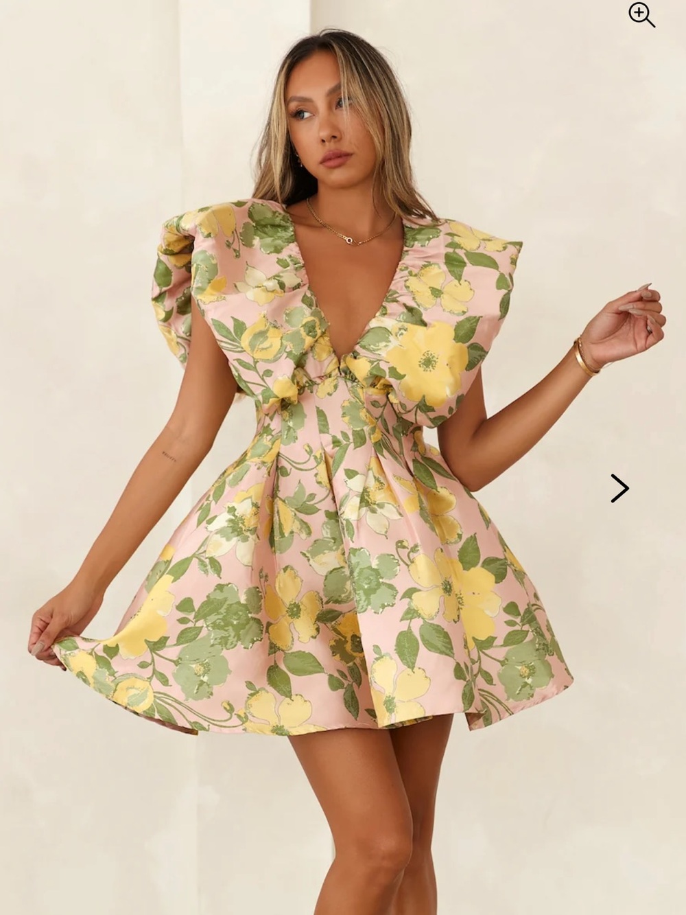 Hello Molly Pink Floral Ruffle V-Neck Mini Dress with Yellow Blooms